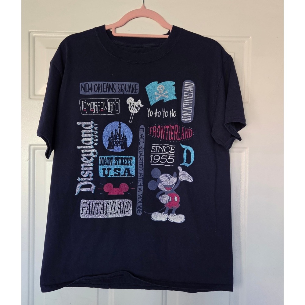 Disneyland Resort Mickey Mouse Navy Blue Graphic T-Shirt Lands Collage Small
